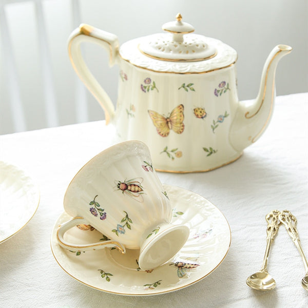 French Garden Tea Cup and Saucers Set Porcelain Tea Pot Teacup Coaster