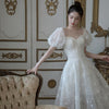 French Style Retro Lace Puff Sleeve Evening Dress Sweet Square Collar