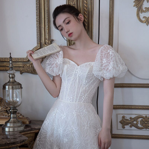 French Style Retro Lace Puff Sleeve Evening Dress Sweet Square Collar