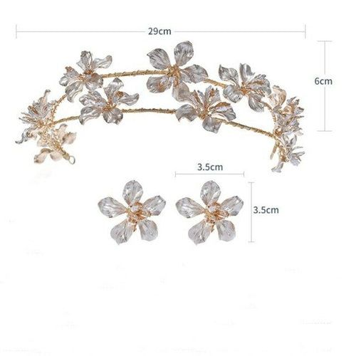 Gold Floral Wedding Tiara Bridal Hair Crown with Earrings Hand wired