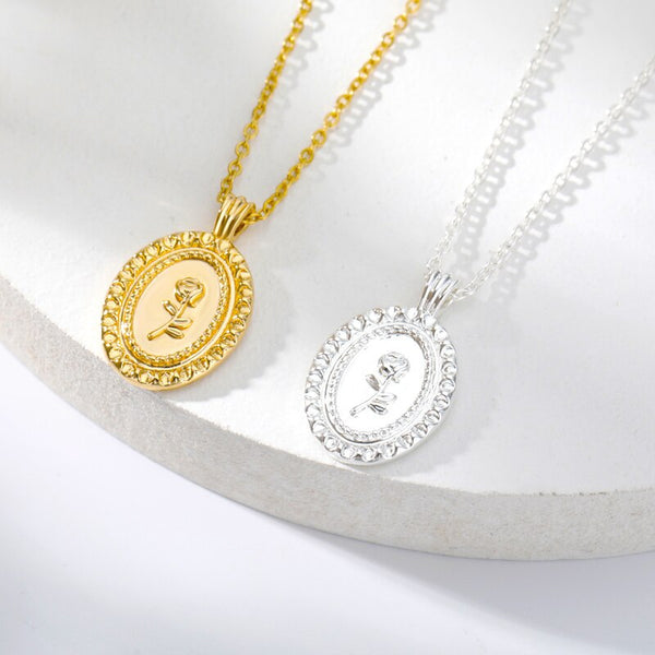 Gothic Oval Shape Roseflower Necklaces For Women Stainless Steel Gold