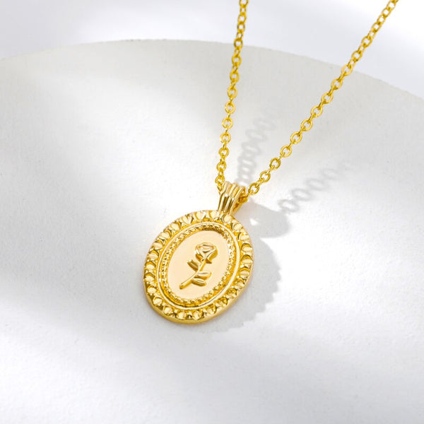 Gothic Oval Shape Roseflower Necklaces For Women Stainless Steel Gold