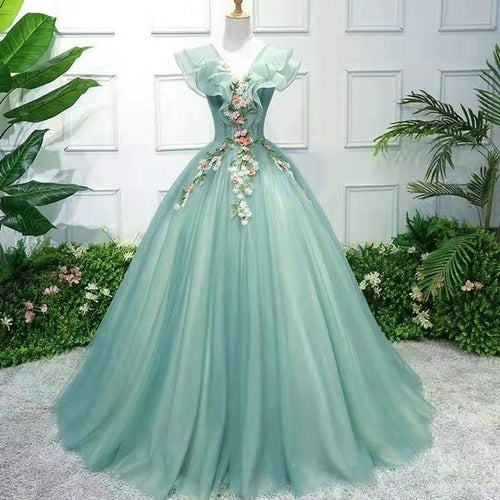 Green Quinceanera Dress Elegant V neck Party Prom Ball Gown Sleeveless