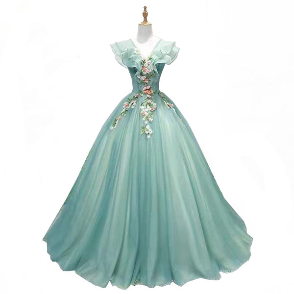 Green Quinceanera Dress Elegant V neck Party Prom Ball Gown Sleeveless