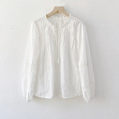 GypsyLady 100% Cotton White Blouse Shirt Eyelet Lace Spring Long