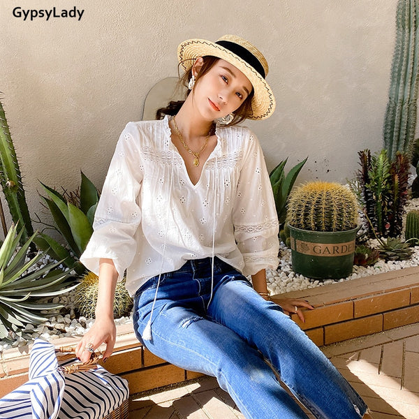 GypsyLady 100% Cotton White Blouse Shirt Eyelet Lace Spring Long