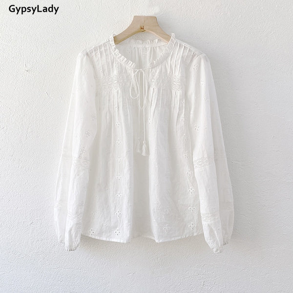 GypsyLady 100% Cotton White Blouse Shirt Eyelet Lace Spring Long