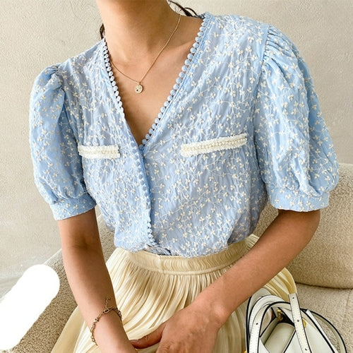 GypsyLady Floral Embroidery Chic Blouse Shirt 100% Cotton Blue Casual