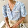 GypsyLady Floral Embroidery Chic Blouse Shirt 100% Cotton Blue Casual