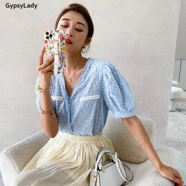 GypsyLady Floral Embroidery Chic Blouse Shirt 100% Cotton Blue Casual