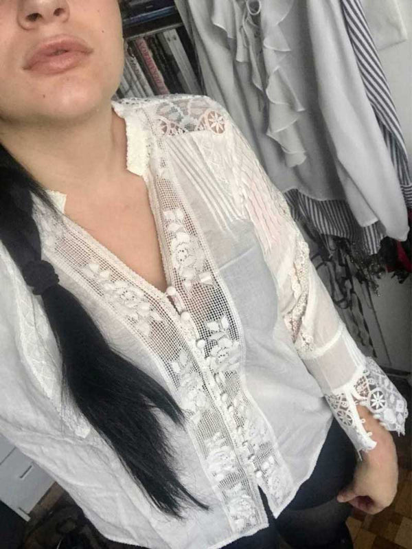 GypsyLady White Blouse Shirt Lace Inserted Chic Boho Blouse Loose Long