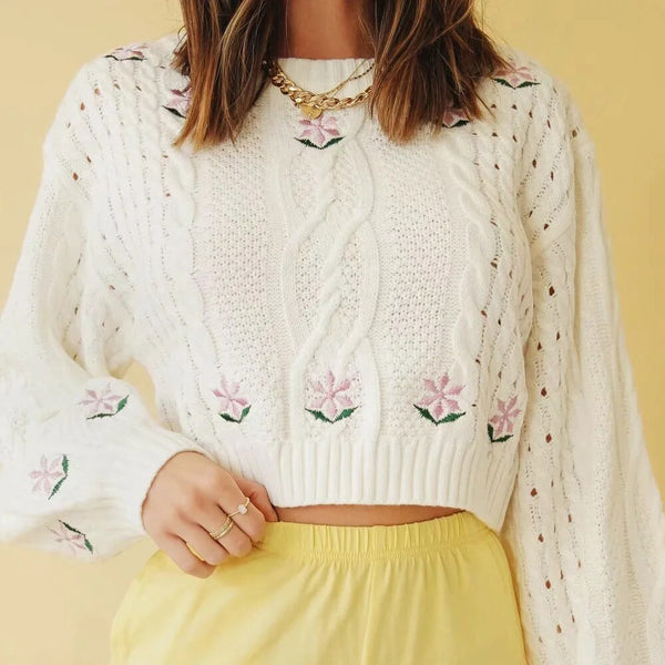 GypsyLady White Floral Embroidery Sweater Autumn Cable Knitted Women