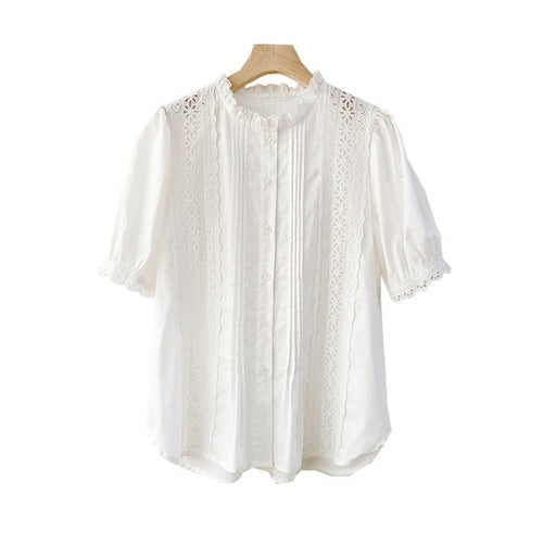 GypsyLady White Lace Blouse Shirt 100% Cotton Eyelet Lace Summer Puff