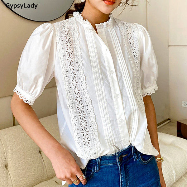 GypsyLady White Lace Blouse Shirt 100% Cotton Eyelet Lace Summer Puff