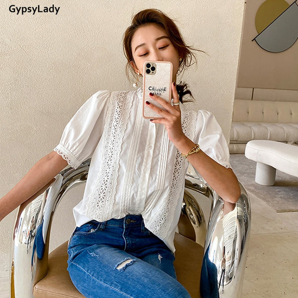 GypsyLady White Lace Blouse Shirt 100% Cotton Eyelet Lace Summer Puff