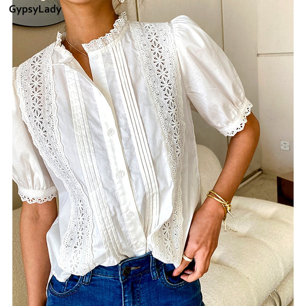 GypsyLady White Lace Blouse Shirt 100% Cotton Eyelet Lace Summer Puff