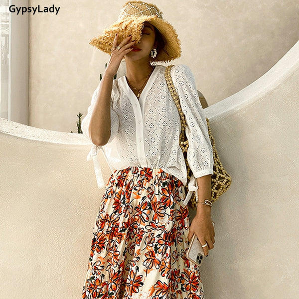 GypsyLady White summer Chic Shirt Blouses 100% Cotton Eyelet French