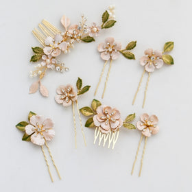 Hand Painted Flower Bridal Hair Comb Pins Rhinestone Wedding Headpiece