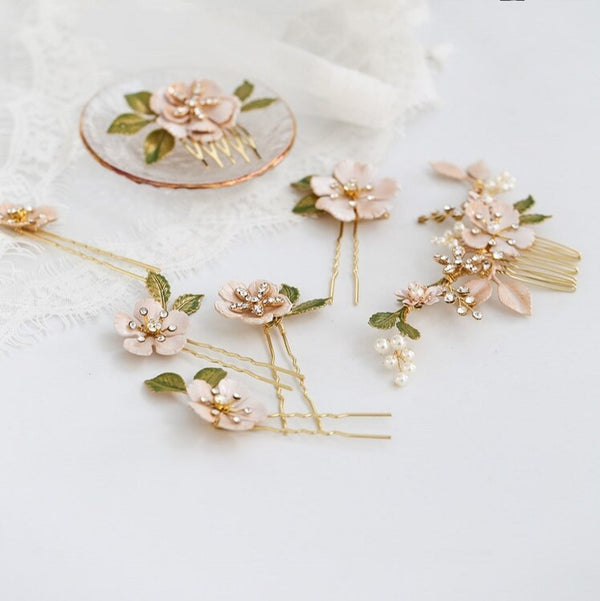 Hand Painted Flower Bridal Hair Comb Pins Rhinestone Wedding Headpiece