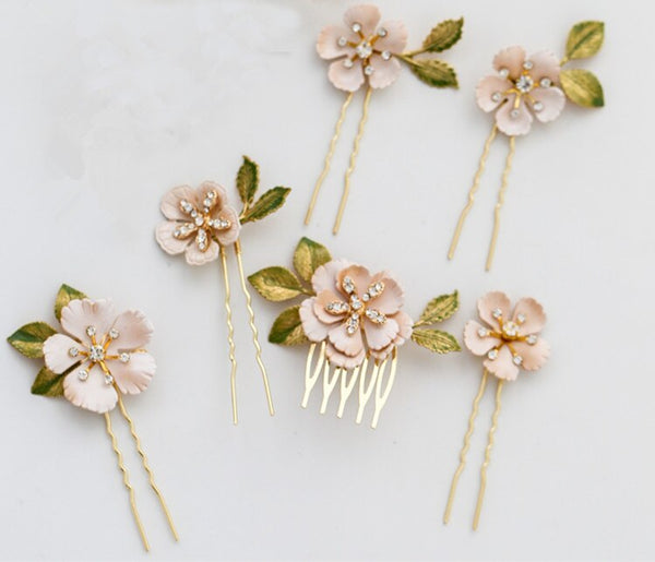 Hand Painted Flower Bridal Hair Comb Pins Rhinestone Wedding Headpiece