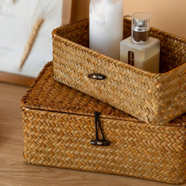 Handmade Storage Basket Woven Seaweed Storage Box With Button Lid