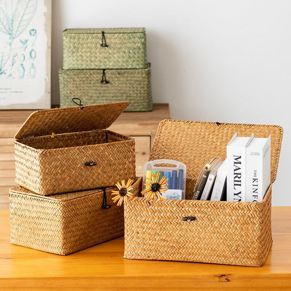 Handmade Storage Basket Woven Seaweed Storage Box With Button Lid