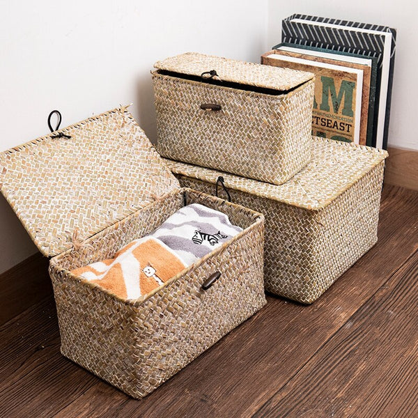 Handmade Storage Basket Woven Seaweed Storage Box With Button Lid