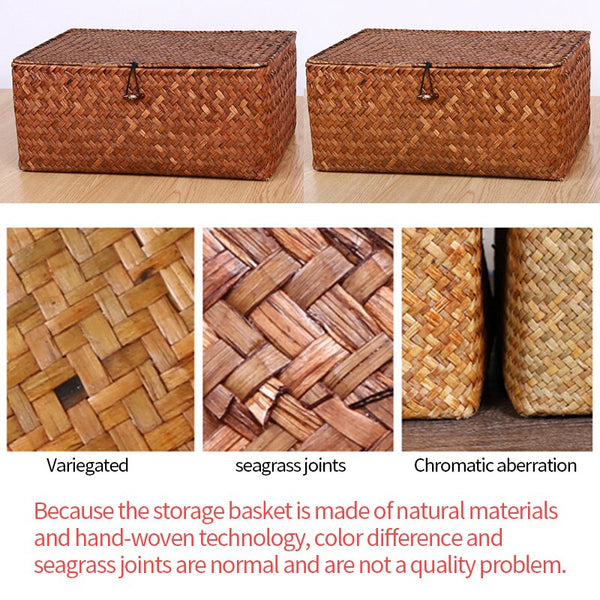 Handmade Storage Basket Woven Seaweed Storage Box With Button Lid