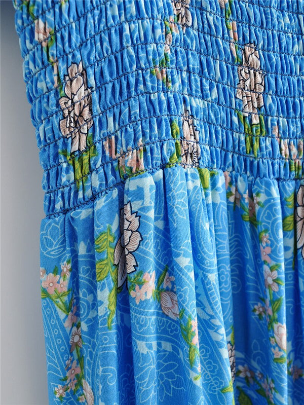 Sardinian Blue Floral Print Square Collar Bohemian Maxi Dress