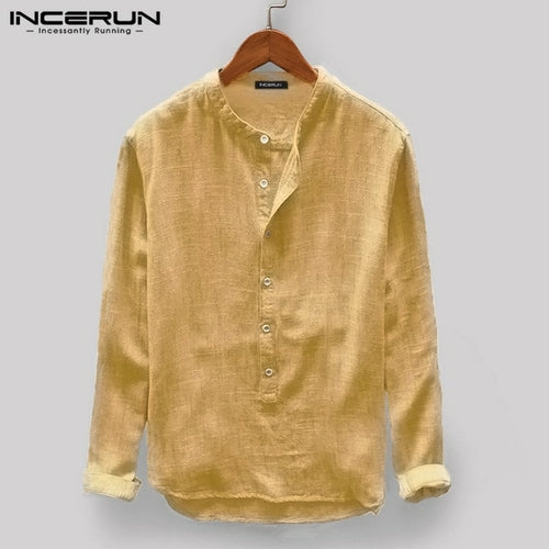 INCERUN Men Casual Shirt Stand Collar Long Sleeve Tops Pullover