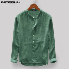 INCERUN Men Casual Shirt Stand Collar Long Sleeve Tops Pullover