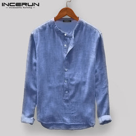 INCERUN Men Casual Shirt Stand Collar Long Sleeve Tops Pullover