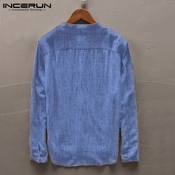 INCERUN Men Casual Shirt Stand Collar Long Sleeve Tops Pullover