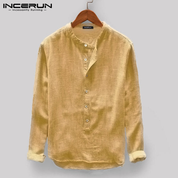 INCERUN Men Casual Shirt Stand Collar Long Sleeve Tops Pullover