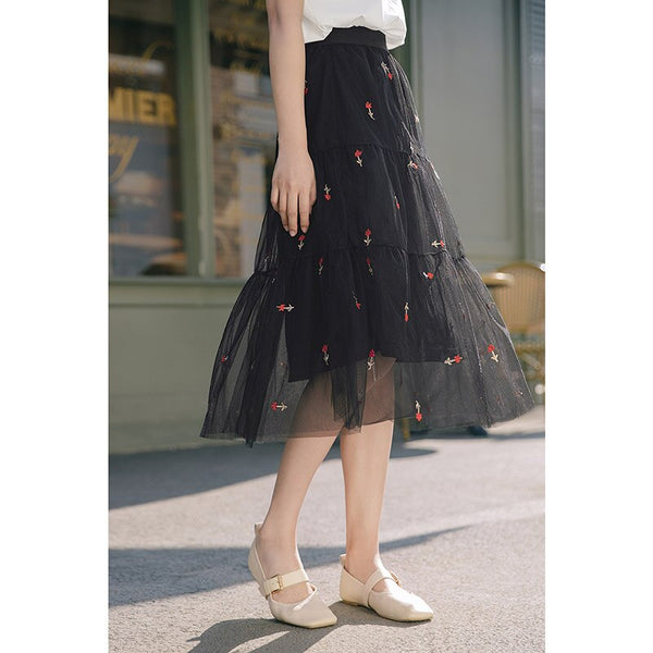 Summer Guaze Skirt Women Elegant Style Double Layer Flower