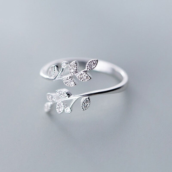 Real 925 Sterling Silver Plant Zircon Leaves Ring