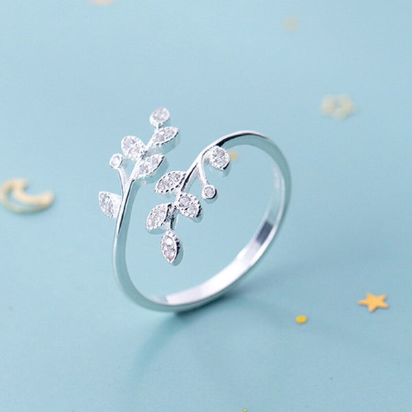 Real 925 Sterling Silver Plant Zircon Leaves Ring