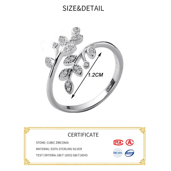 Real 925 Sterling Silver Plant Zircon Leaves Ring
