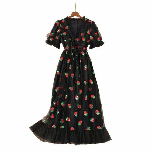 ISAROSE 2021 Strawberry Dress Women Fashion Deep V Puff Sleeve Sweet