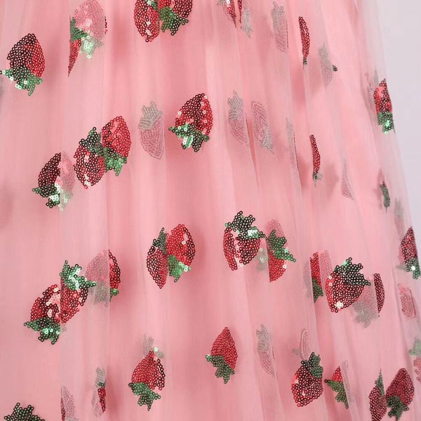 ISAROSE 2021 Strawberry Dress Women Fashion Deep V Puff Sleeve Sweet