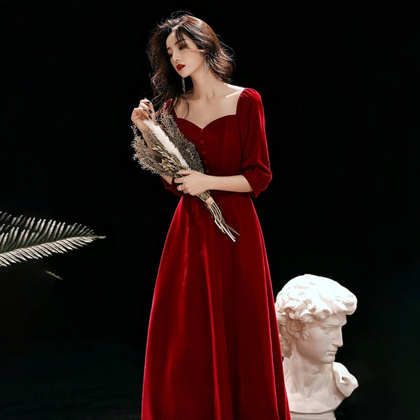 Deep Rose Red Velvet Evening Dress