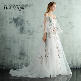 It's Yiiya Evening Dresses White Boat Neck Flare Sleeves Party Dresses