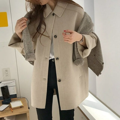 JXMYY Autumn Women Wool Coat Long Sleeve Single Breasted Fashion Turn