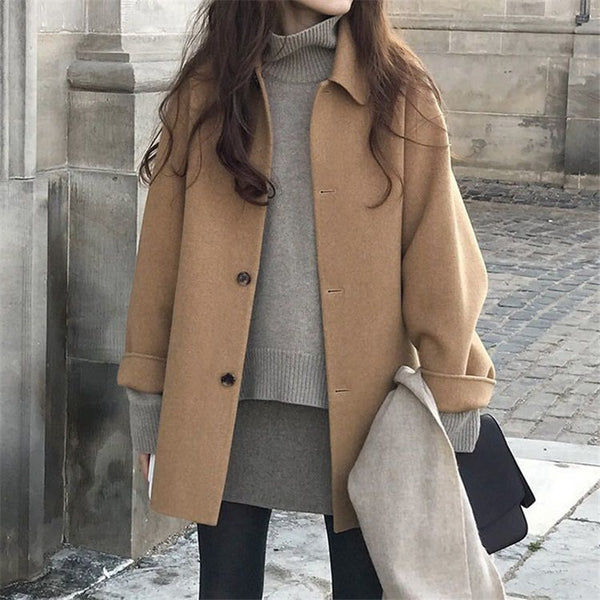 JXMYY Autumn Women Wool Coat Long Sleeve Single Breasted Fashion Turn