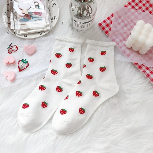 Japanese Cute Women Socks Red Strawberry Korean Style Flowers Crew