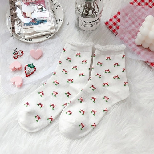 Japanese Cute Women Socks Red Strawberry Korean Style Flowers Crew