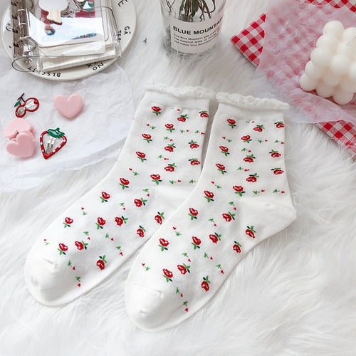 Japanese Cute Women Socks Red Strawberry Korean Style Flowers Crew