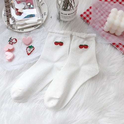 Japanese Cute Women Socks Red Strawberry Korean Style Flowers Crew