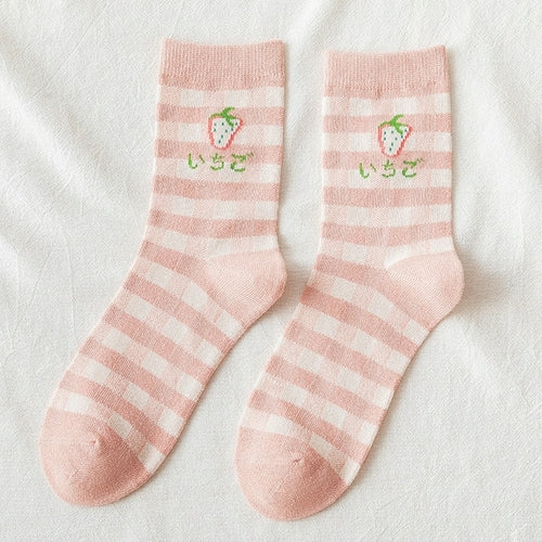 Japanese Harajuku Style Kawaii Woman Socks Cotton with Strawberry and