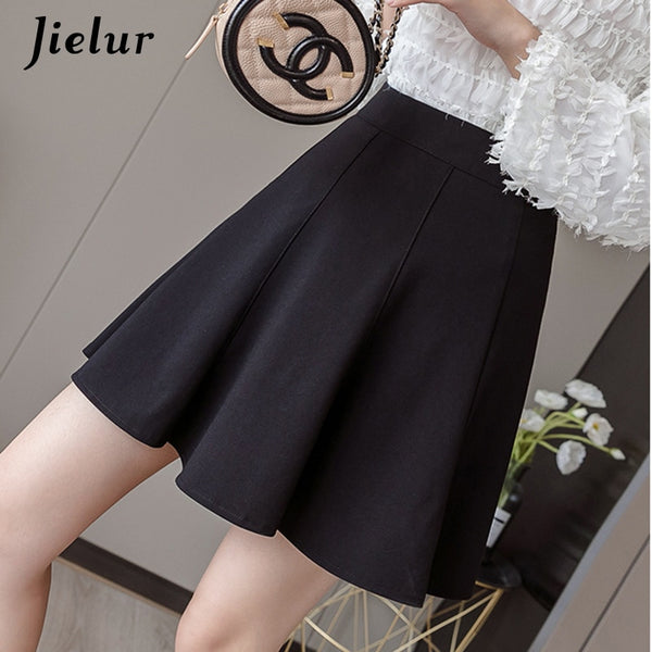 Jielur New Women's Skirt High Waist A Line Skirts Pleated Black Basic